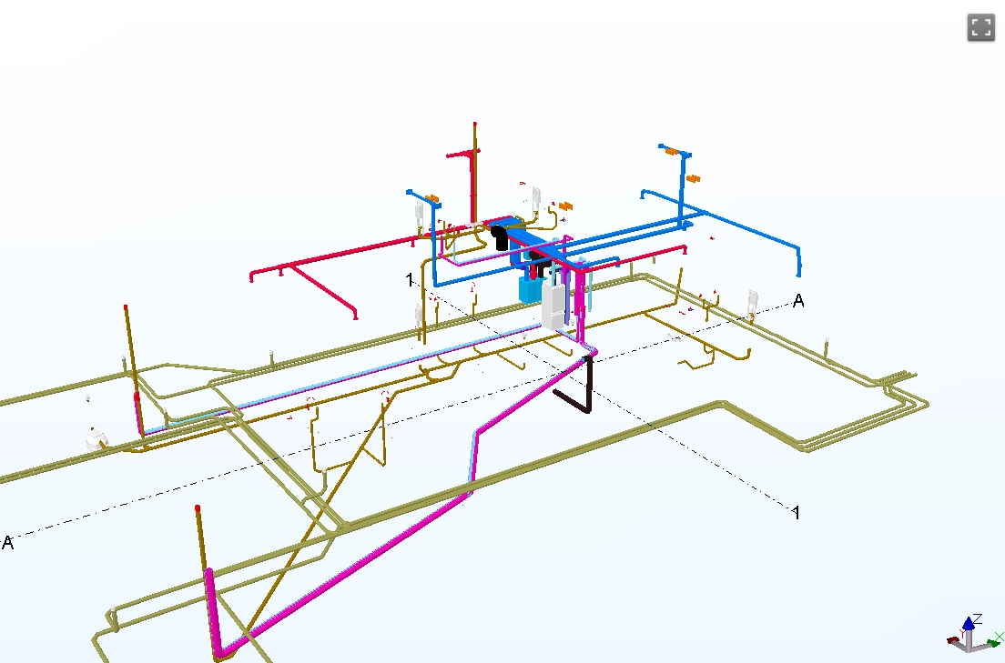 3D-modell av VVS-installationer med färgkodade rörsystem för kollisionskontroll och BIM-samordning