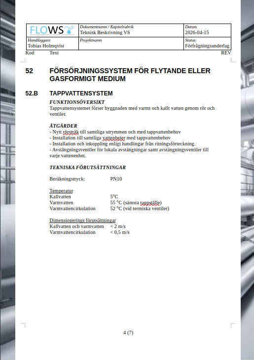 Teknisk beskrivning VS med tappvattensystem, funktionsöversikt och dimensioneringsförutsättningar