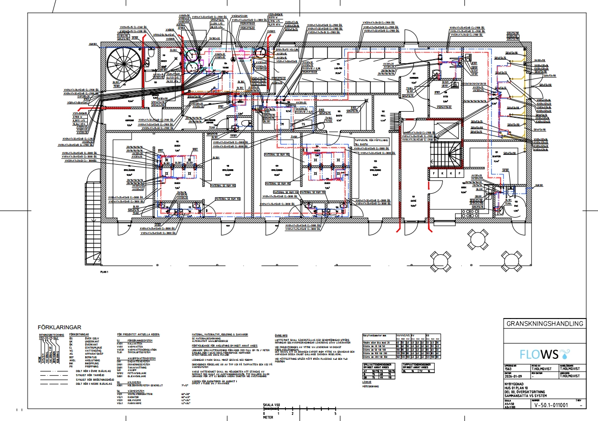 Översiktsritning över sammansatta VS-system plan 1 för nybyggt flerbostadshus, granskningshandling från FLOVVS AB